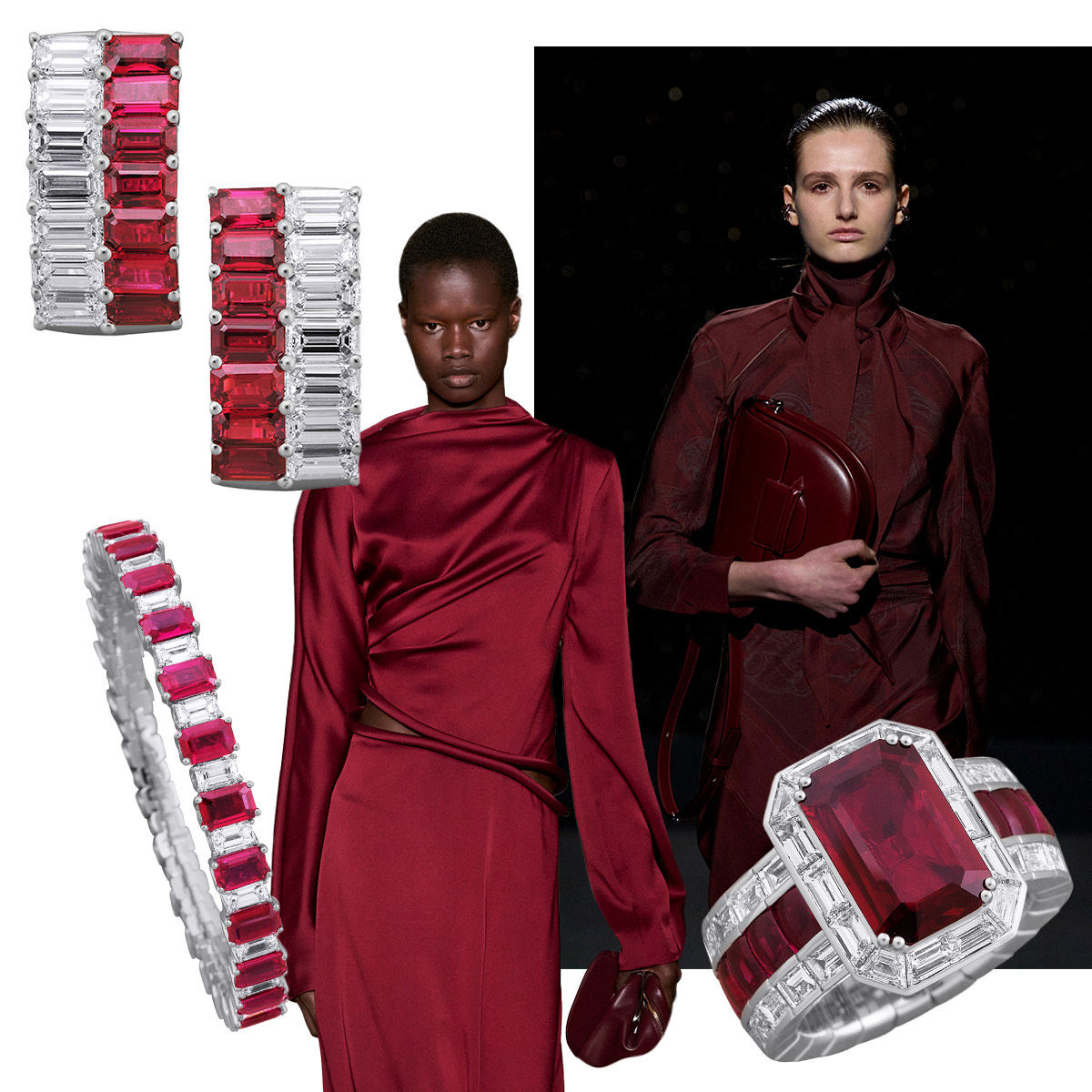 Clockwise from upper left – PICCHIOTTI For the Love of Color ruby and diamond earrings, Victoria Beckham F/W 2024, Hermès F/W 2024, PICCHIOTTI Xpandable ruby cocktail ring, PICCHIOTTI Xpandbale diamond and ruby tennis bracelet (fashion images - Spotlight Launchmetrics)