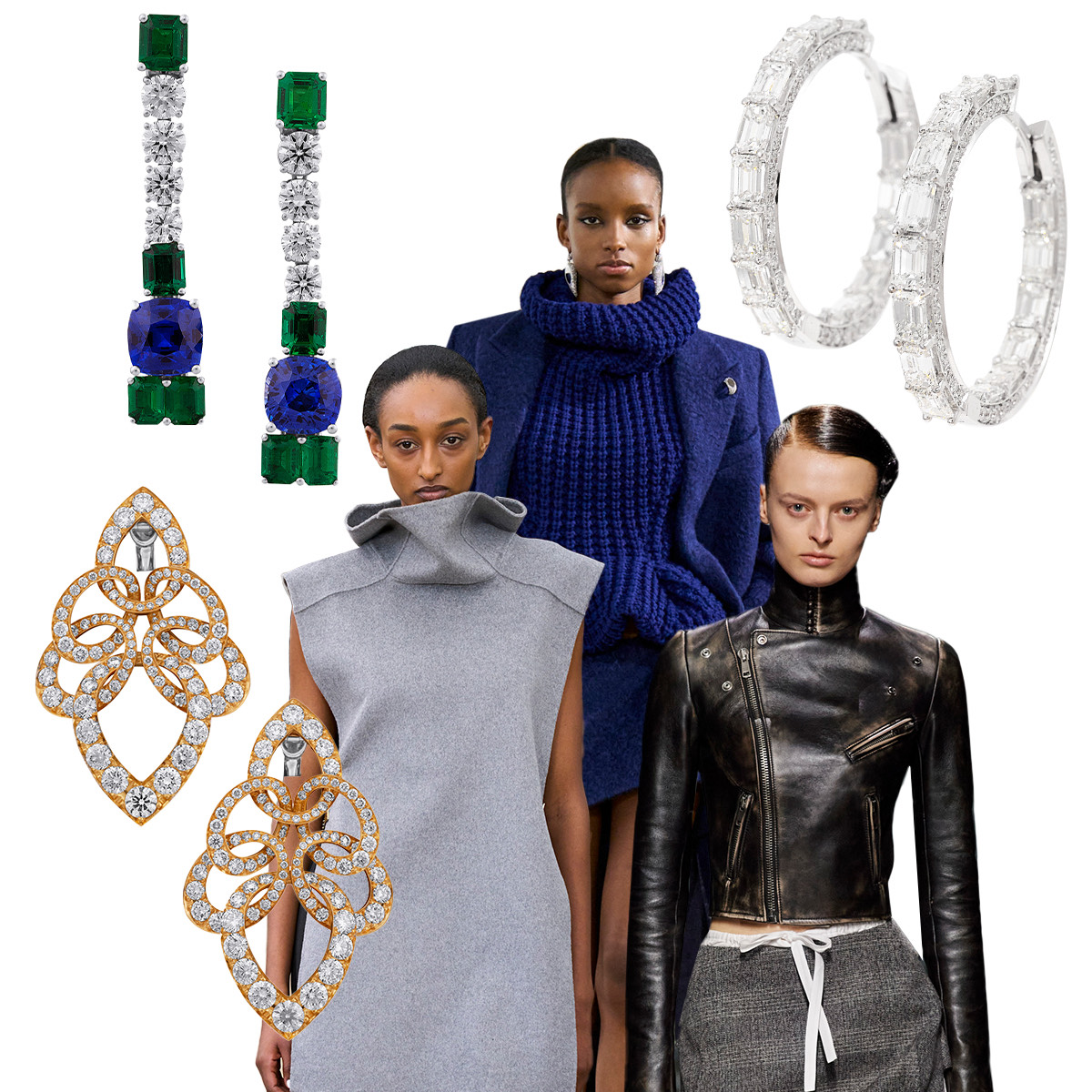 PICCHIOTTI Masterpieces emerald, diamond, and sapphire earrings, Givenchy F/W 2024, PICCHIOTTI diamond hoop earrings, Prada F/W 2024, Bevza F/W 2024, PICCHIOTTI diamond and gold earrings (fashion images - Spotlight Launchmetrics)