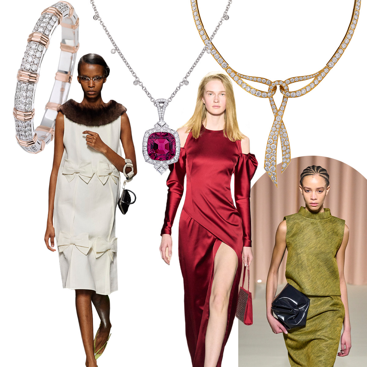 PICCHIOTTI rose gold and diamond Xpandable bracelet, Prada, PICCHIOTTI Essentially Color rubellite and diamond pendant, Genny F/W 2024, PICCHIOTTI Fiocco (bow) diamond necklace, Philosophy di Lorenzo Serafini F/W 2024 (fashion images - Spotlight Launchmetrics)