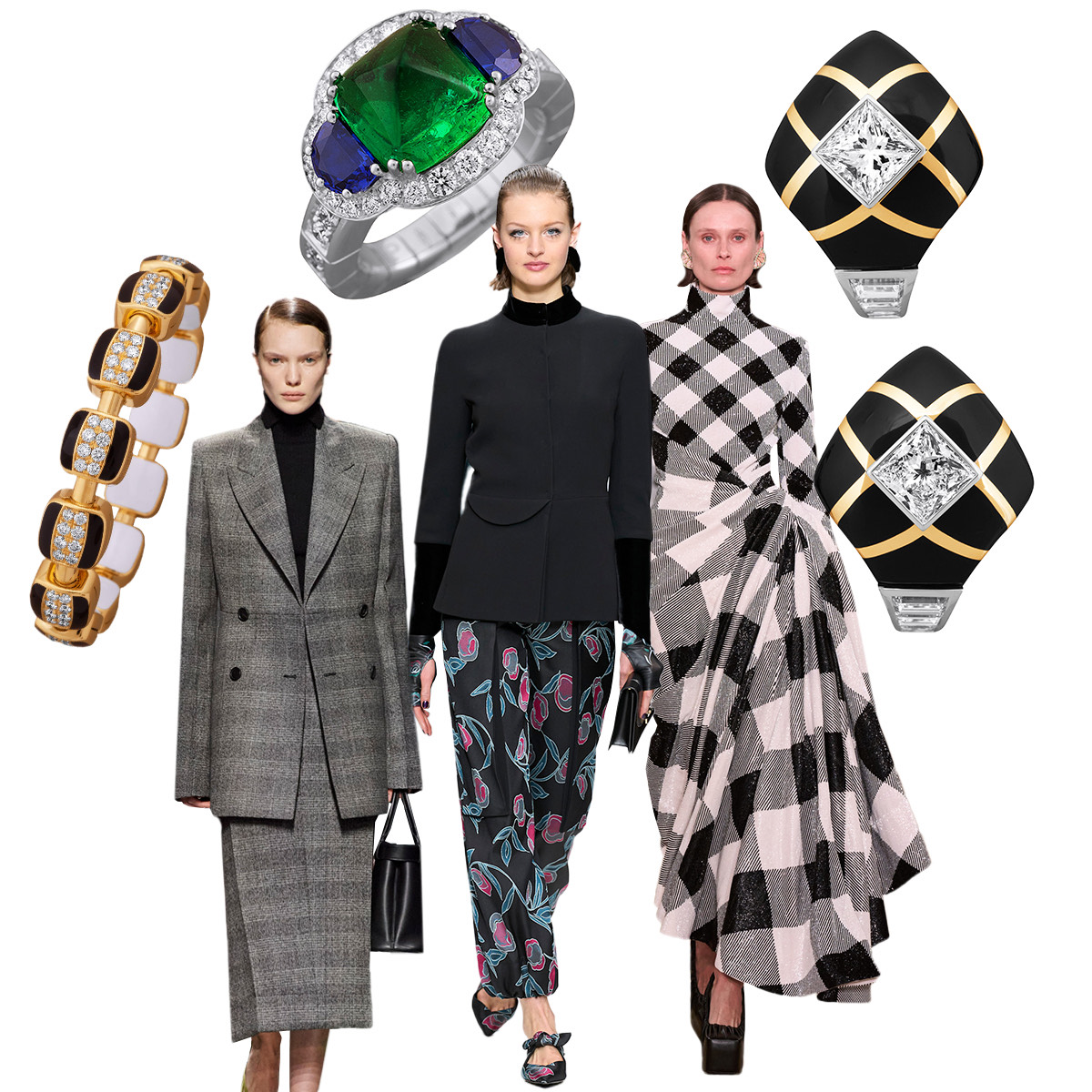 PICCHIOTTI Reversible Xpandable black and white ceramic and diamond bracelet, Prada F/W 2024, PICCHIOTTI Xpandable emerald, sapphire, and diamond ring, Loewe F/W 2024, Balmain F/W 2024, PICCHIOTTI Gem Ceramic button earrings (fashion images - Spotlight Launchmetrics)