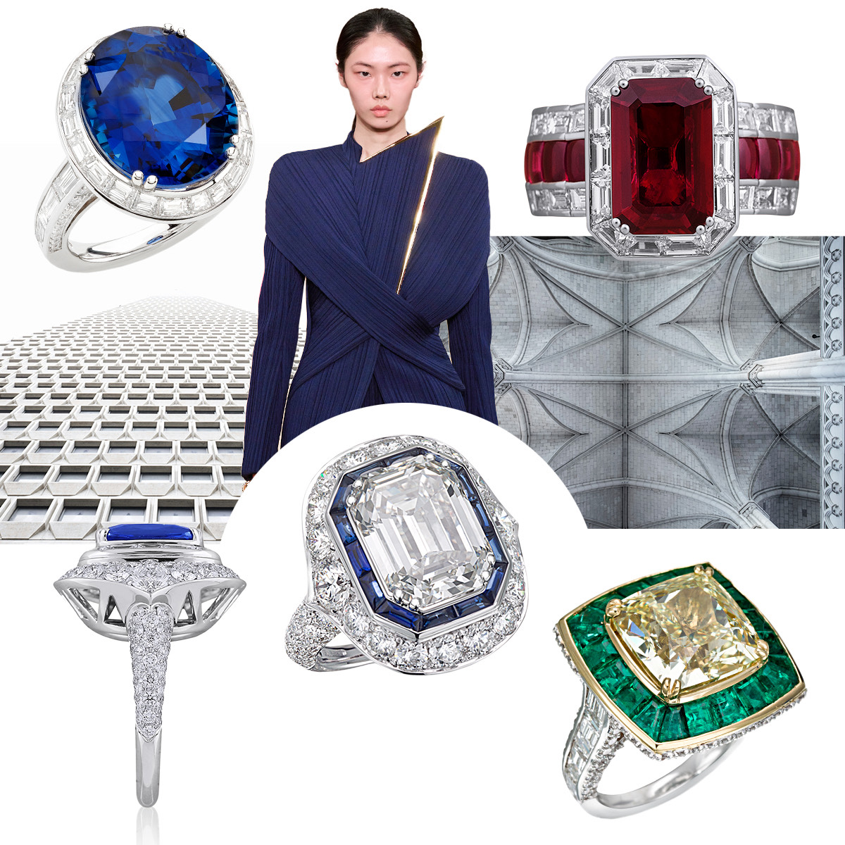 PICCHIOTTI Masterpieces Sapphire ring, Balmain F/W 2024-25 (Spotlight Launchmetrics), PICCHIOTTI Xpandable™️ Ruby cocktail ring, PICCHIOTTI Masterpieces Fancy Yellow Diamond and Emerald ring, PICCHIOTTI Masterpieces Diamond and Sapphire ring, side view of PICCHIOTTI Masterpieces Sapphire ring