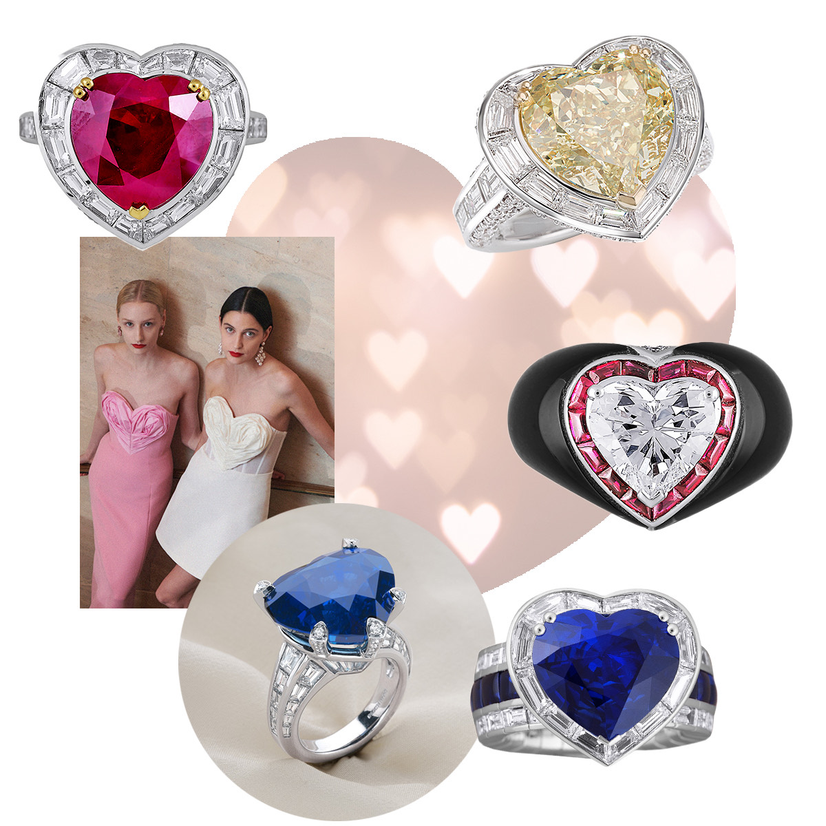 PICCHIOTTI Masterpieces Ruby Heart ring, PICCHIOTTI Yellow Diamond Heart Xpandable ring, PICCHIOTTI Masterpieces Diamond, Ruby, and Onyx Heart ring, PICCHIOTTI Sapphire Heart Xpandable ring, PICCHIOTTI Masterpieces Sapphire Heart ring side view, Carolina Herrera Pre Fall 2023 (Spotlight Launchmetrics