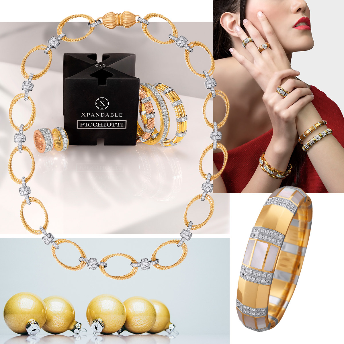 PICCHIOTTI Easy Wear Gold and Diamond link necklace, rings and bracelets from the PICCHIOTTI Gold Accent Xpandable collection, model wearing rings and bracelets from the PICCHIOTTI Gold Accent Xpandable collection, PICCHIOTTI Gold Accent Xpandable bracelet 