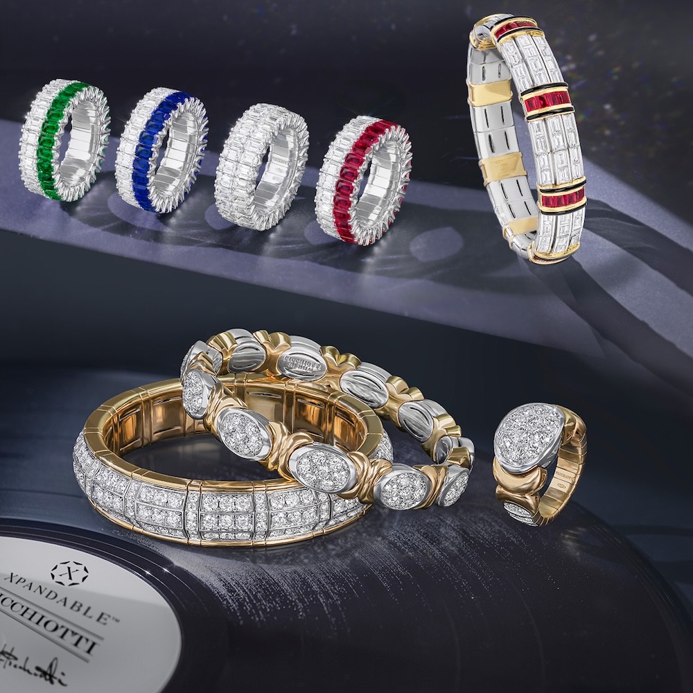 Clockwise from upper left –PICCHIOTTI Xpandable™️ Doubles brands in Emeralds, Sapphires, all Diamond, and Rubies, PICCHIOTTI Masterpieces Ruby, Onyx, and Baguette Diamond bracelet, PICCHIOTTI Gold Accent Xpandable ring with diamonds, PICCHIOTTI Xpandable Gold Accent bracelet with Diamonds, PICCHIOTTI Xpandable Diamond bracelet 