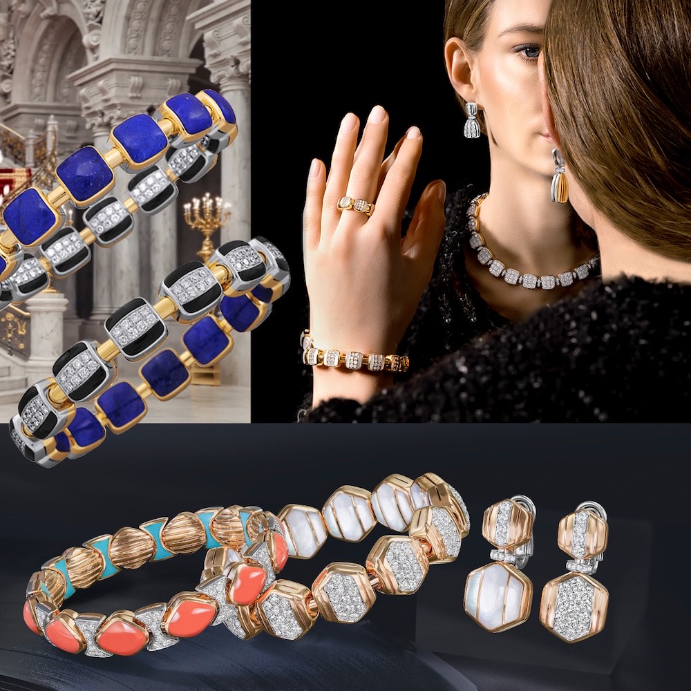 Clockwise from upper left – PICCHIOTTI Reversible Xpandable™️ Lapis and Onyx & Diamond bracelet, model wearing PICCHIOTTI Xpandable Reversible diamond/gold necklace, bracelet, ring and earrings, PICCHIOTTI Reversible Xpandable mother of pearl and gold and diamond earrings and bracelet, PICCHIOTTI Reversible Xpandable coral & diamond and turquoise and gold bracelet 